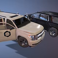 Black SUV and White Van Two Cars with Open Doors and Interior View