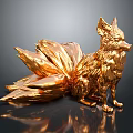 Golden Fox Game and Movie Character With Multiple Tails Metallic Shine Sitting Pose Dark Background