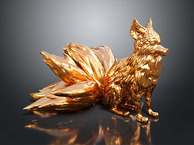 Golden Fox Game and Movie Character With Multiple Tails Metallic Shine Sitting Pose Dark Background 3d model