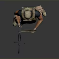 Game Movie Character with Tactical Vest Cap Holding Weapon Standing Camouflage Pants Boots Gray Background