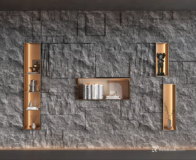 Rustic Stone Textured Background Wall With Built In Wooden Shelves And Decor Items 3d model 