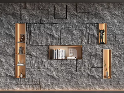 Rustic Stone Textured Background Wall With Built In Wooden Shelves And Decor Items 3d model