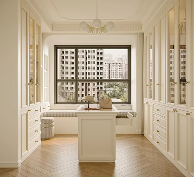 Bright Walk in Closet With White Cabinets Central Island And Large Window 3d model