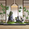 Indoor Landscape With Natural Rocks Lush Green Plants Wooden Screens And Stone Lanterns