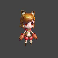 Cute Chibi Cartoon Girl Character With Fox Ears Brown Hair Red Eyes Red Pink Outfit
