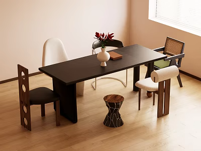 Modern Black Dining Table Set With Various Designed Chairs Vase And Wooden Tray 3d model
