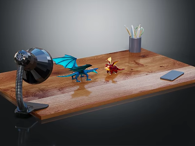 Wooden Desk Furniture With Table Lamp Dragon Figurines Pen Holder And Mobile Phone 3d model