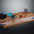 Wooden Desk Furniture With Table Lamp Dragon Figurines Pen Holder And Mobile Phone
