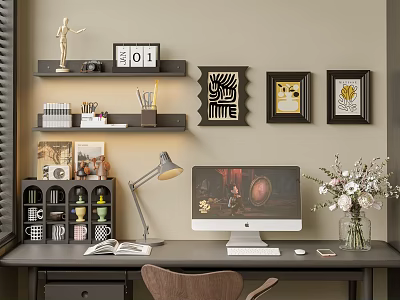 Decorative Ornament Collection With Framed Artworks Small Sculpture Calendar And Vase On Home Office Desk 3d model