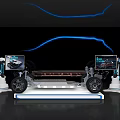 Tech Showcase Of Electric Vehicle Chassis With Battery System And Screens