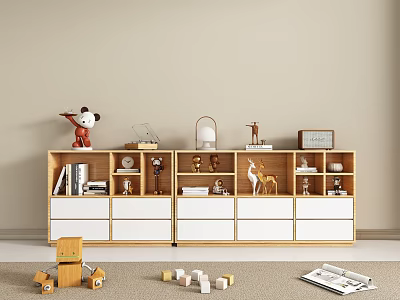 Decorative Ornament Set On Wooden Cabinet With Animal Figurines Books And Drawers 3d model