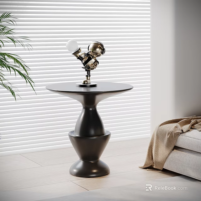Elegant Black Side Table With Stylish Base Round Top And Astronaut Lamp 3d model