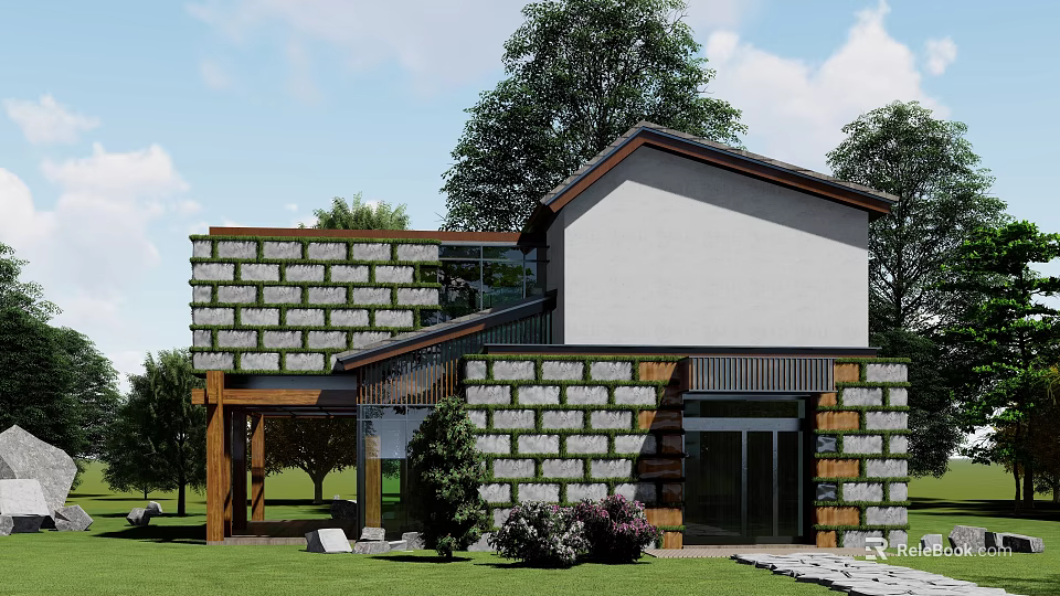 Detached Villa Exterior Featuring Stone Wall Green Plants Modern Traditional Design And Large Windows 3d model 