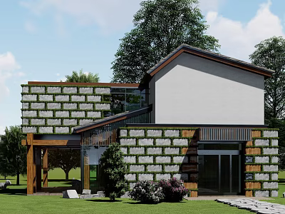 Detached Villa Exterior Featuring Stone Wall Green Plants Modern Traditional Design And Large Windows 3d model