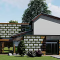 Detached Villa Exterior Featuring Stone Wall Green Plants Modern Traditional Design And Large Windows