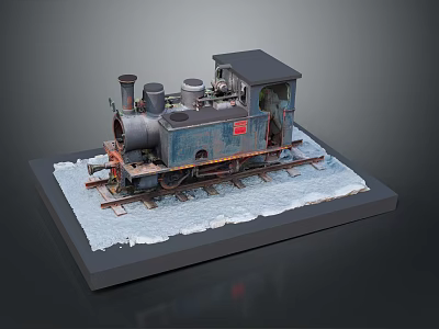 Old Steam Train Model in Blue and Black on Snow Covered Platform with Gray Background 3d model