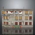 Weathered Old Building Model With Graffiti Covered Walls And Stained Windows