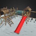 Wooden Playground Equipment with Red Slide Swings Climbing Net and Platforms