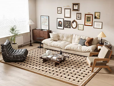 Beige Sofa And Coffee Table Set With Framed Artworks On Wall And Patterned Rug 3d model