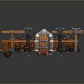 Cartoon Style Medieval Gateway Scene With Stone Brick Floor Red Carpet And Wooden Barrels
