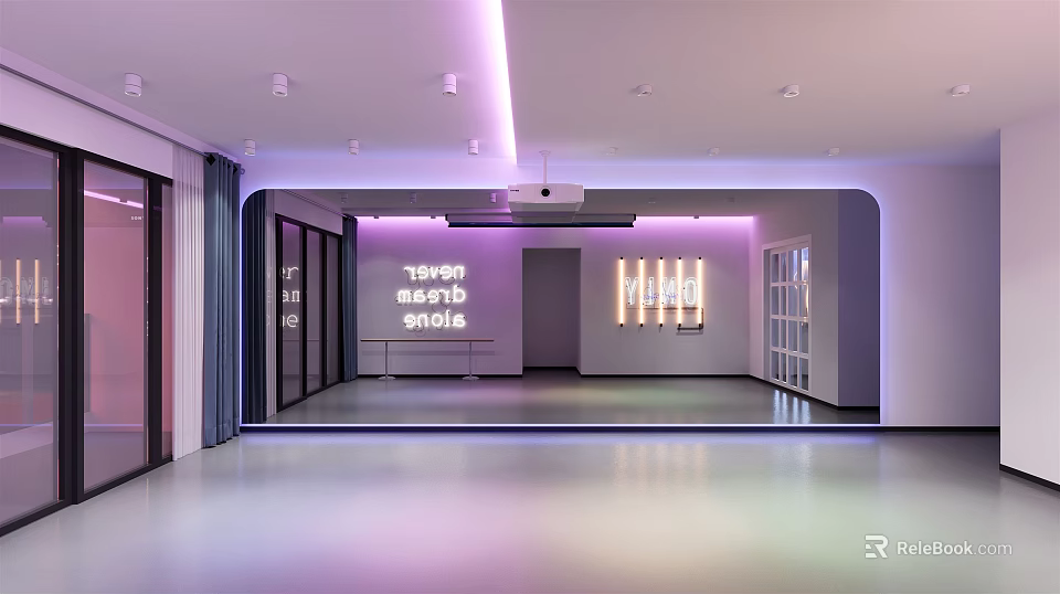 Modern Dance Studio Interior With Purple Lighting Mirrors And Spacious Floor For Fitness 3d model 