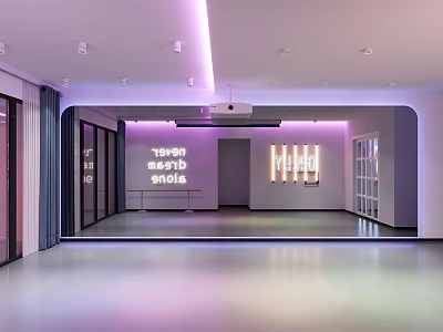 Modern Dance Studio Interior With Purple Lighting Mirrors And Spacious Floor For Fitness 3d model
