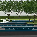 Modern Garden Landscape With Lush Green Trees Artistic Sculpture And Tiered Water Features