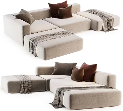 Beige Sectional Sofa With Soft Fabric Decorative Cushions And Throw Blanket 3d model