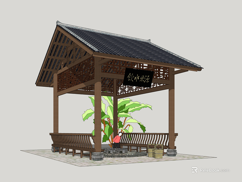Traditional Chinese Pavilion With Wooden Structure Tile Roof Leisure Seating Benches And Green Plants 3d model 
