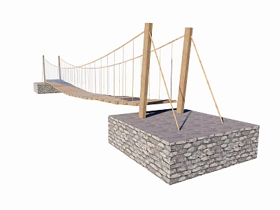Scenic Suspension Bridge With Wooden Towers Stone Base And Rope Cables 3d model