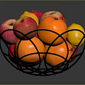 Fresh Mixed Fruits in Metal Basket Including Pomegranate Apples Lemons and Oranges