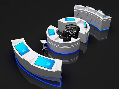 Modern Curved Reception Desk Design With Blue Interactive Screens And LED Lighting For Office Lobby 3d model