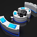 Modern Curved Reception Desk Design With Blue Interactive Screens And LED Lighting For Office Lobby