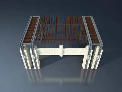 Elegant Swing Door Structure With Wooden Beams And White Decorative Columns 3d model