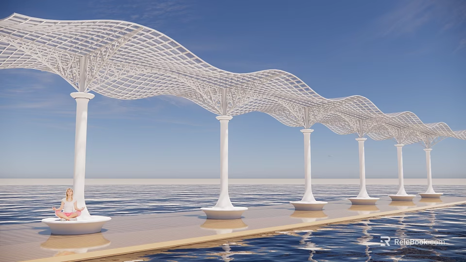 White Wavy Canopy Supported by White Columns Under Blue Sky Over Water With Relaxing Platform 3d model 