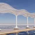 White Wavy Canopy Supported by White Columns Under Blue Sky Over Water With Relaxing Platform