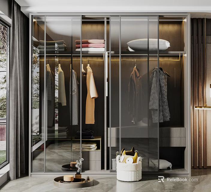 Modern Luxury Wardrobe Interior Design with Glass Doors LED Lighting and Hanging Rails 3d model 