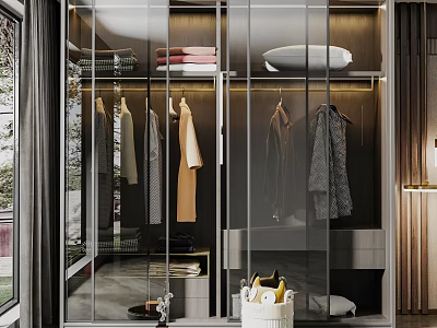 Modern Luxury Wardrobe Interior Design with Glass Doors LED Lighting and Hanging Rails 3d model