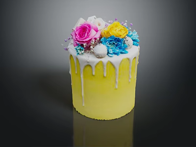 Yellow Cake With Dripping White Frosting Topped With Pink Roses Yellow And Blue Flowers 3d model