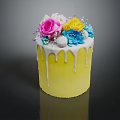 Yellow Cake With Dripping White Frosting Topped With Pink Roses Yellow And Blue Flowers