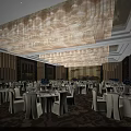 Luxurious Banquet Hall Interior Design With Crystal Chandeliers White Tablecloths And Dining Tables