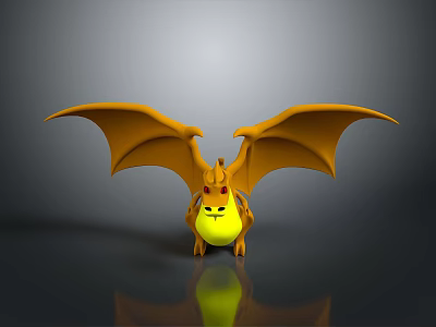 Cartoon Dragon Game Character With Yellow Body Orange Wings And Red Eyes On Black Surface 3d model
