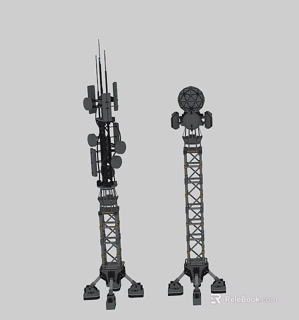 Industrial Wireless Communication Towers With Antennas Spherical Devices And Steel Structure 3d model 