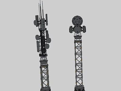 Industrial Wireless Communication Towers With Antennas Spherical Devices And Steel Structure 3d model