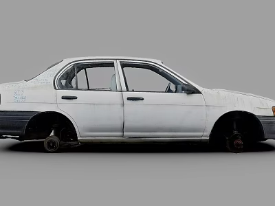 White Old Sedan With Missing Tires And Worn Exterior Side View 3d model