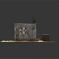 Miniature Shabby House Model Featuring Gray Roof Grid Vent Pipes Wooden Pallet On Sandy Ground
