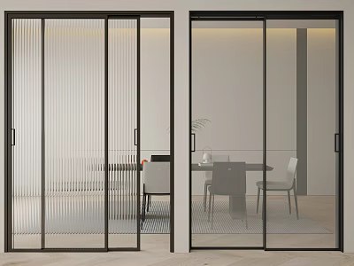 Modern Sliding Glass Doors With Black Frame Connecting Interior Dining Area 3d model