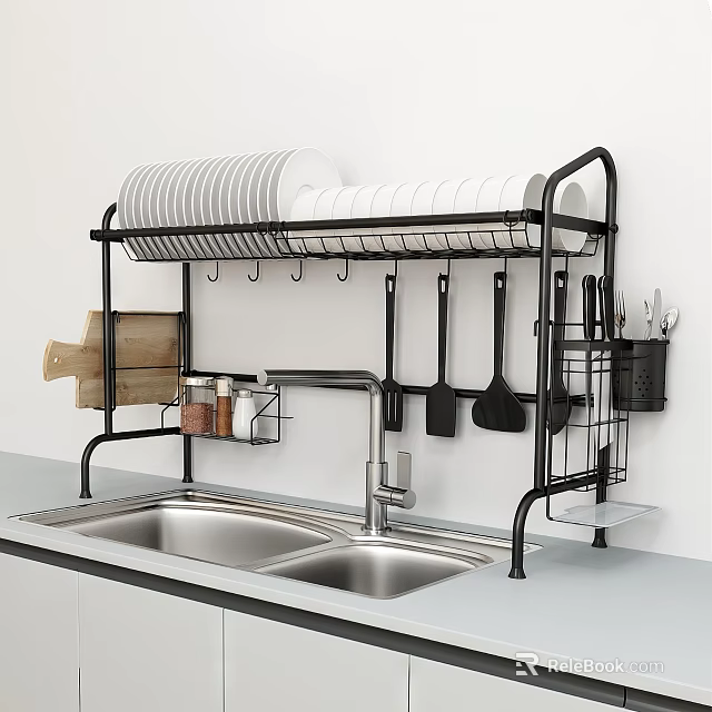 Black Dish Rack Organizes Kitchen Utensils And Dishes Above Sink 3d model 