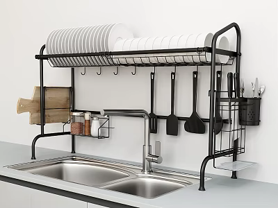 Black Dish Rack Organizes Kitchen Utensils And Dishes Above Sink 3d model