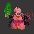 Fantasy Character With Pink Hair In Kimono Holding Flame And Red Lightning With Exaggerated Expression